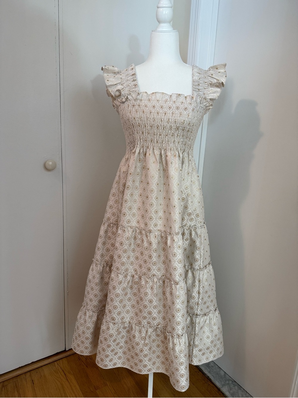 Hill House Cream Smocked Tiered Midi Dress with Ruffle Straps